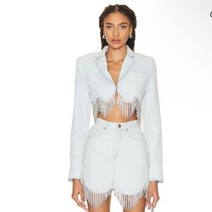 AREA Scalloped Crystal Cropped Denim Jacket